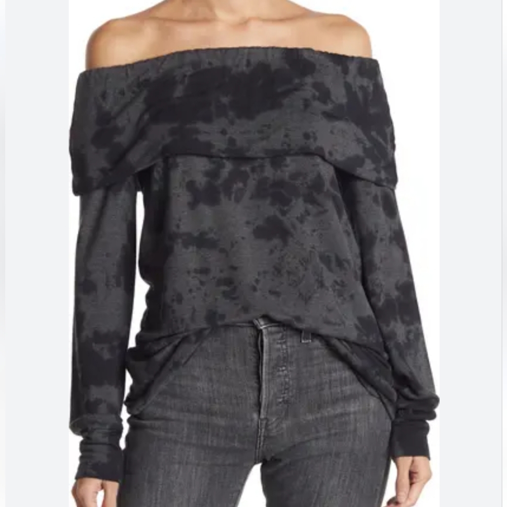 GO Couture Off Shoulder Tie Dye Slouchy Comfy Sweatshirt Black/Charcoal XL NWT
